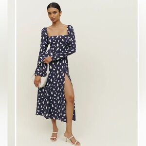 Reformation The Sigmund Navy and White Patterned Long Sleeve Dress